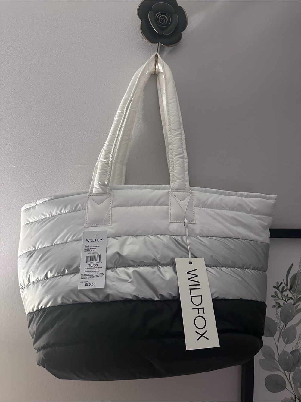 WILDFOX Two-Tone Large Quilted Puffer Zip Tote in White, Black & Silver